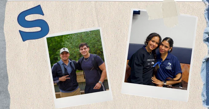 This image features a scrapbook-style layout with two Polaroid photos taped to a textured background. The left photo shows two people standing outdoors, smiling and gesturing with peace signs. The right photo captures two people indoors, smiling and posing closely. A large blue letter "S" is displayed on the background.
