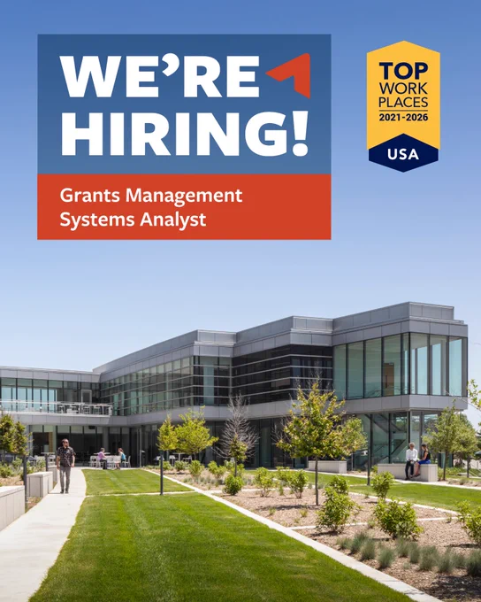 The image features an external view of the Ascendium office building. The text on the image reads, "We're Hiring! Grants Management Systems Analyst." A badge indicates that Ascendium is recognized as a "Top Workplaces USA 2021-2026"