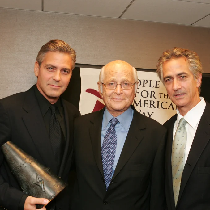 George Clooney standing with Norman Lear and David Strathairn.