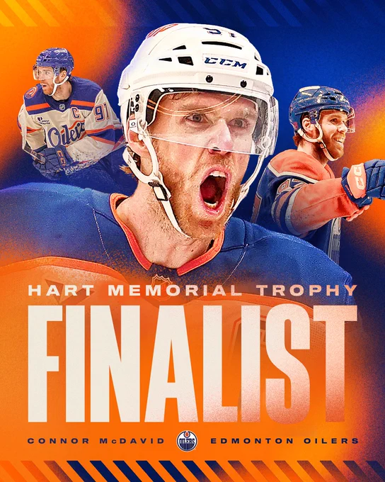 Graphic that says HART MEMORIAL TROPHY FINALIST with a three-photo collage of Connor McDavid