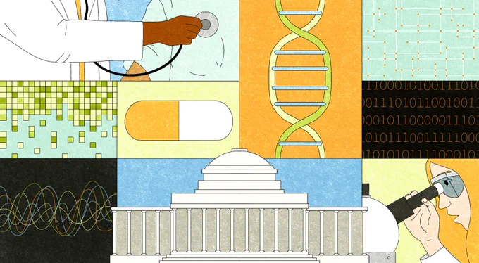 A collage of conceptual illustrations representing the story's theme: computer code, a DNA strand, a researcher and microscope, a patient and doctor, anchored by MIT's Great Dome.