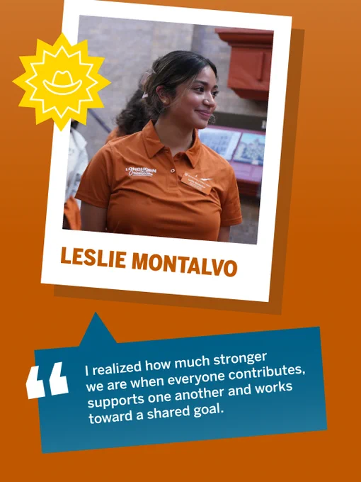 This is an image of a person wearing an orange shirt with "Texas Longhorns" on it. The background features a blurred interior. A quote below says, "I realized how much stronger we are when everyone contributes, supports one another and works toward a shared goal.