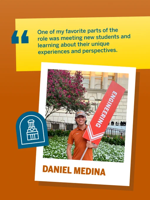 A person smiling and holding a red sign that says "ENGINEERING" stands in front of a building with trees nearby. A quote above reads, "One of my favorite parts of the role was meeting new students and learning about their unique experiences and perspectives." The name "Daniel Medina" is written below the photo. An icon of a building is on the left.