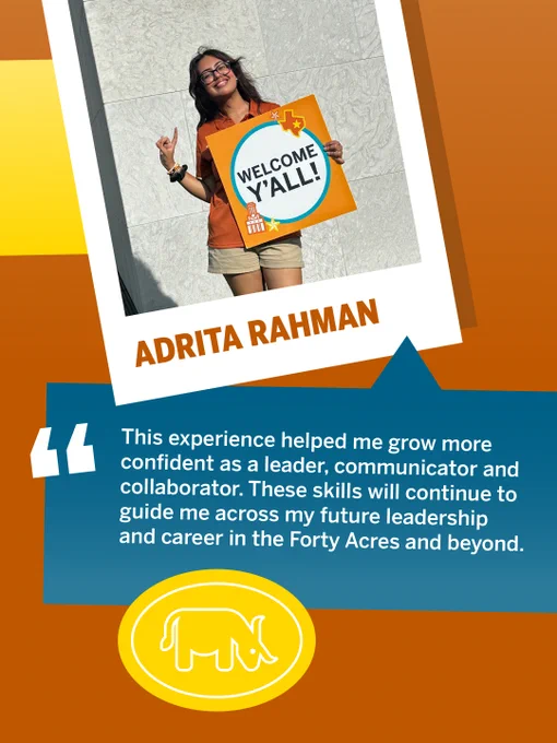 A person standing and smiling, holding a bright orange "Welcome Y'All" sign. The backdrop is a light-colored wall. Below the image, there is text that reads "Adrita Rahman." A blue speech bubble contains a positive quote about personal growth and future leadership. A yellow icon with an elephant appears at the bottom.