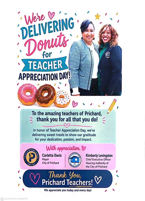 Mayor Davis and Kimberly Levingston surprised teachers with donuts for Teacher Appreciation week.