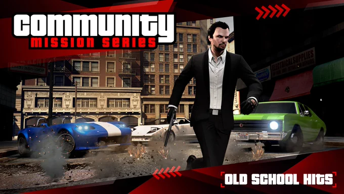 Community Mission Series poster featuring a GTA Online character running from ricochets off the ground and between three vehicles. Text reads: Old School Hits. 