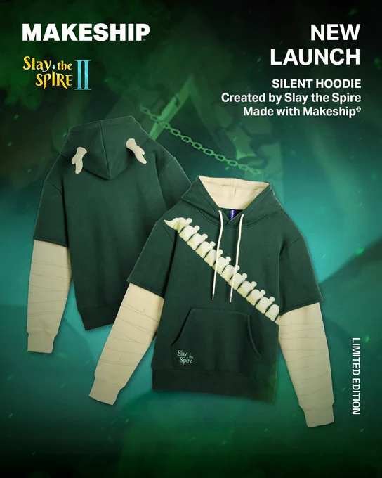 Layered hoodie with a green short sleeved shirt featuring the Silent's printed bone sash and long sleeves representing her arm wraps. The hood also has horns made of fabric sticking out of it.