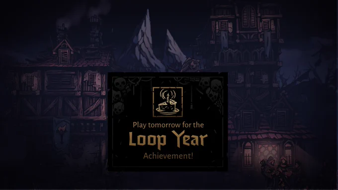 An inn with a tall mountain behind it. In front of the inn is a single slice of birthday cake with a candle on it. The image reads 'Play tomorrow for the Loop Year Achievement!'