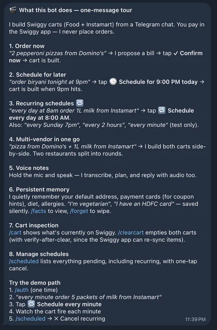 Swiggy MCP server connected agent