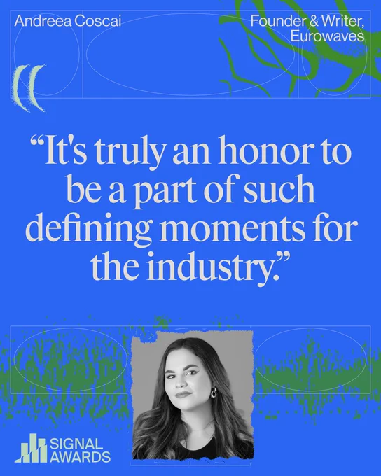 Portrait of Andreea Coscai with an inspirational quote about industry moments. The design is modern with a blue and green abstract background.