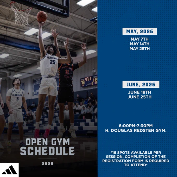 Updated open gym schedule graphic outlining session dates and times, with each run capped at 16 players to maintain a competitive, organized environment. Advance registration is required to confirm attendance.
