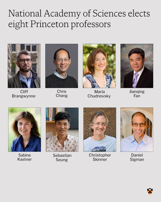 Image featuring portraits of eight Princeton professors elected to the National Academy of Sciences. Members include: Cliff Brangwynne, Chris Chang, Maria Chudnovsky, Jianqing Fan, Sabine Kastner, Sebastian Seung, Christopher Skinner, and Daniel Sigman. The Princeton logo is displayed in the corner.