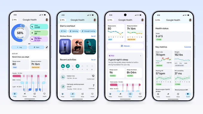 Four smartphones displaying different interfaces from the Google Health app, tracking various health and wellness metrics.