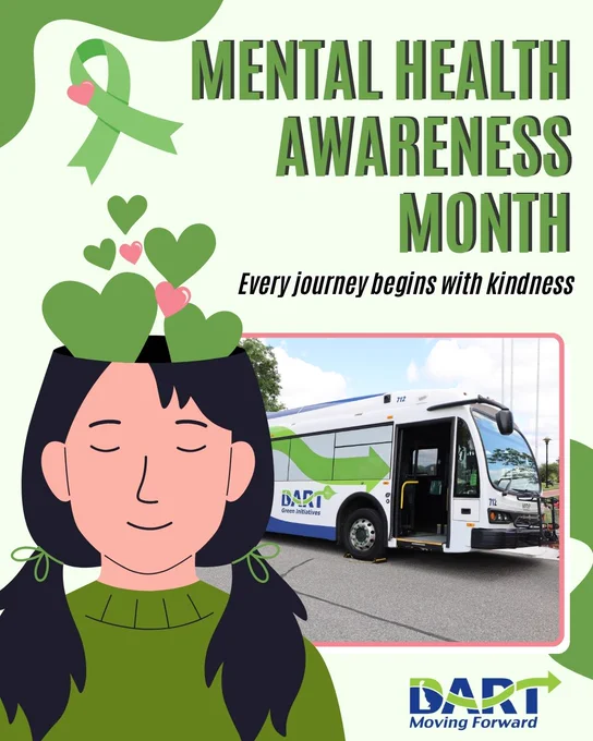 Green background - mental health awareness month, Girl to the left with hearts coming from her head, and a bus to the right of her. 