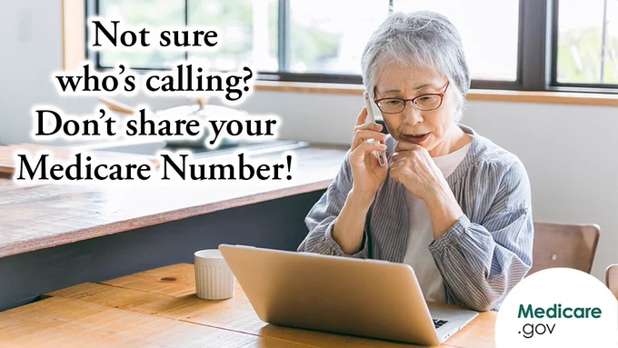 A photo of an older woman looking concerned with her hand on her chin while talking on a cell phone in her kitchen. Overlay text: Not sure who's calling? Don't share your Medicare Number!