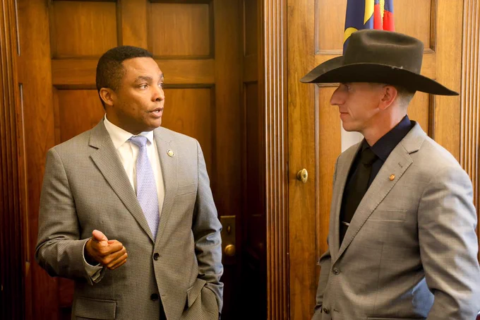 Farmer Josh Young talking to a representative in Washington, D.C. 