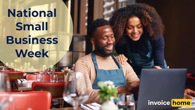 Two people in a restaurant celebrate National Small Business Week, engaging with a laptop. The setting is warm and positive.