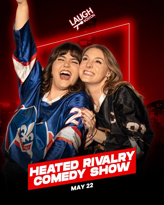 Two enthusiastic women in sports jerseys celebrate with arms raised, promoting the Heated Rivalry Comedy Show at Laugh Boston. The mood is lively and fun.