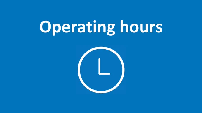 "Operating hours" text with a clock symbol over a blue background.
