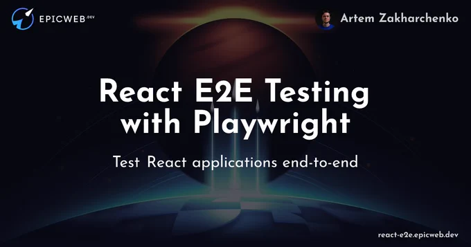 A cosmic-themed graphic promoting "React E2E Testing with Playwright" featuring a sleek design and bold text elements.