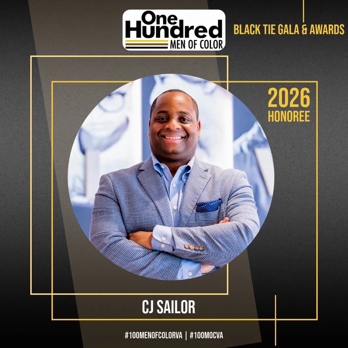 Graphic with a circular photo of a gentleman in a suit smiling with his arms crossed. Text reads "One Hundred Men of Color Black Tie Gala & Awards 2026 Honoree: C-J Sailor."
