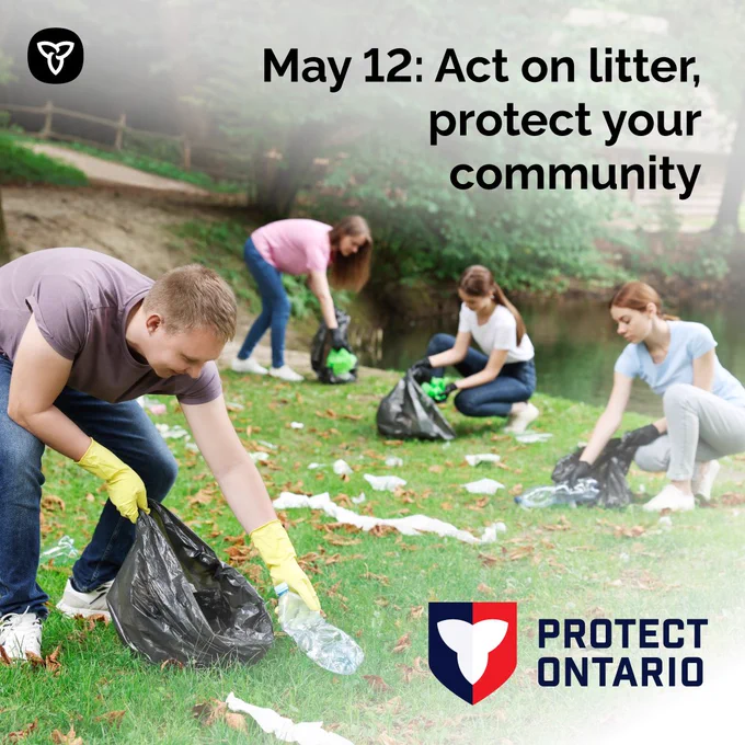 Four people wearing rubber gloves and holding black trash bags pick up litter in a park. Asset text reads “May 12 : Act on litter, protect your community”.