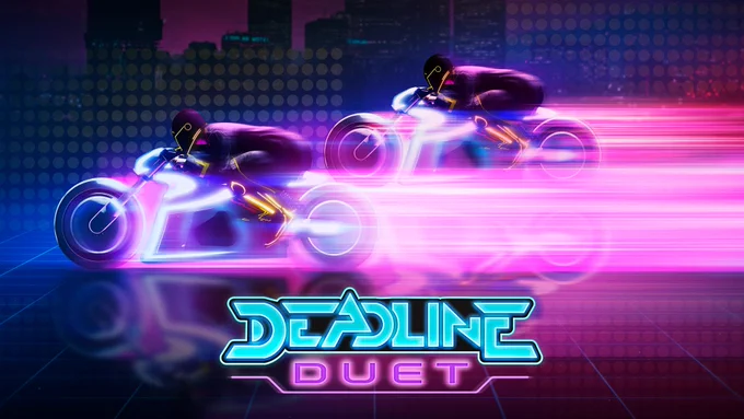 Deadline Duet poster featuring two GTA Online characters racing neon Nagasaki Shotaro motorcycles, leaving purple and pink trails behind. 