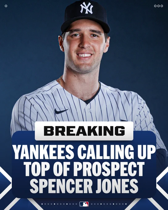 BREAKING: Yankees Calling Up Top OF Prospect Spencer Jones
Spencer Jones poses for a Photo Day picture while wearing a home white pinstriped New York Yankees uniform and dark blue New York Yankees cap.