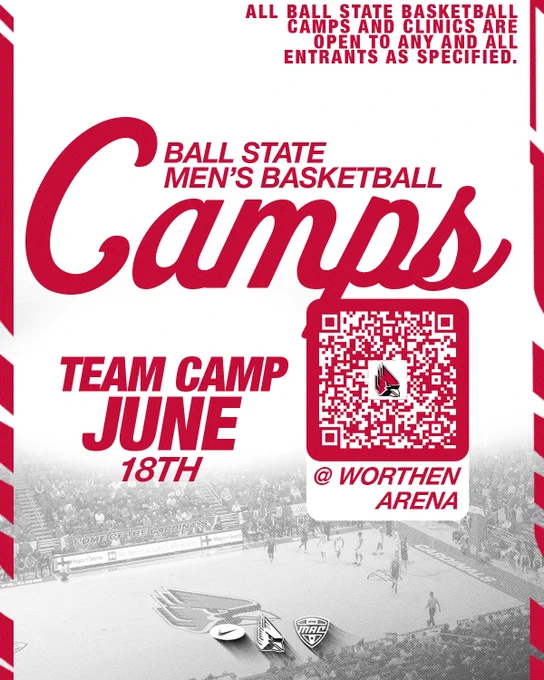 Graphic promoting registration for Ball State men's basketball team camp
Text:
all Ball State basketball camps and clinics are open to any and all entrants as specified.
Ball State men's basketball camps
team camp June 18th
@ Worthen Arena