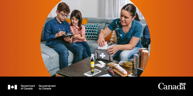 Family making a checklist and packing emergency kit.