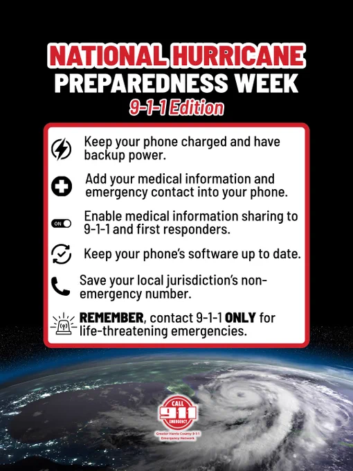 Tips for National Hurricane Preparedness Week: keep phones charged, add medical info, enable sharing with 9-1-1, update software, and save local non-emergency numbers.