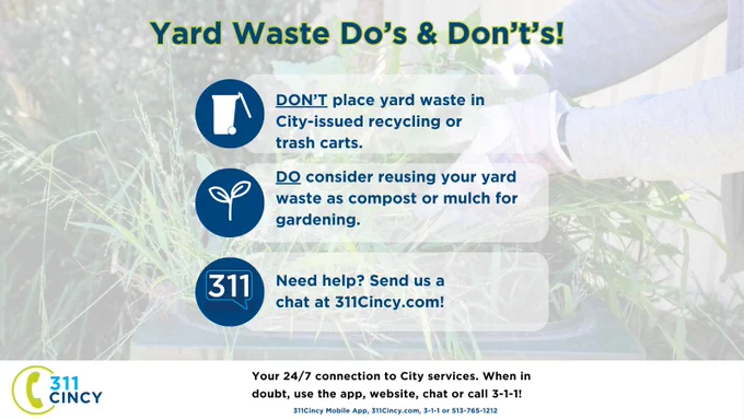 Guidelines advising not to place yard waste in city recycling or trash carts and to reuse yard waste as compost or mulch, with 311Cincy help info. Call 3-1-1 or use the chat feature on 311Cincy.com!