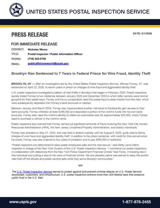 USPIS Press Release document titled "Brooklyn Man Sentenced to 7 years in Federal Prison for Wire Fraud, Identity Theft"