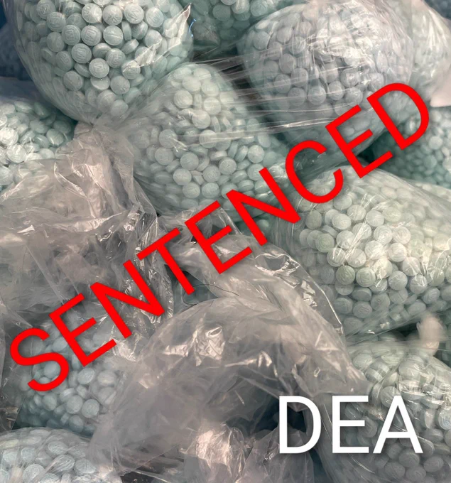 Plastic bags of fentanyl pills with the words “sentenced” and “DEA” in photo