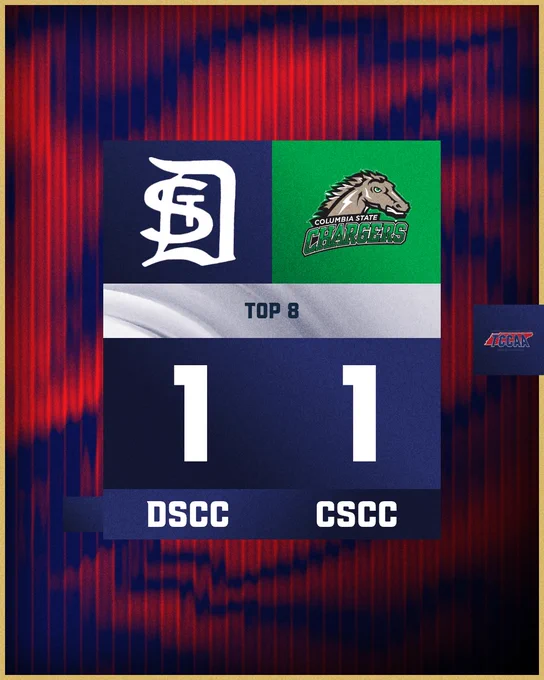 Scoreboard showing a tied game at 1-1 between DSCC and CSCC during the top 8, featuring DSCC's logo on the left and Columbia State Chargers logo on the right.