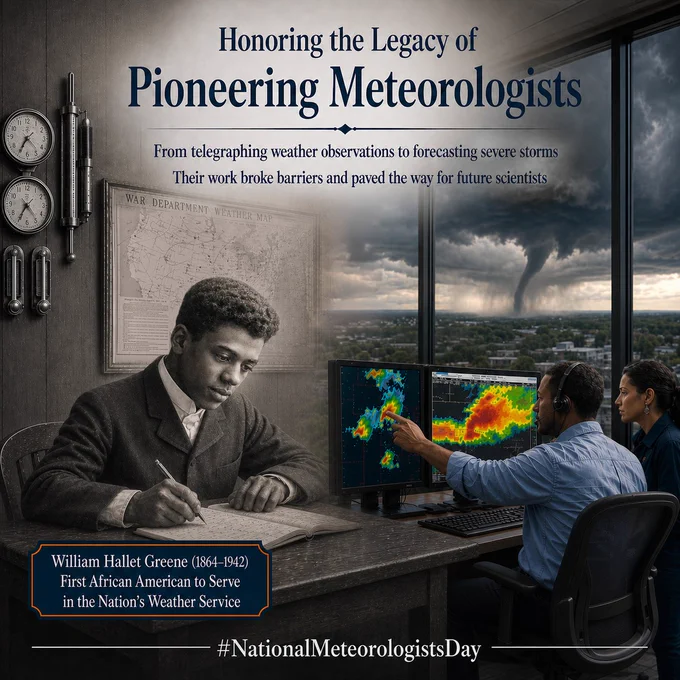 A commemorative graphic honoring pioneering meteorologists blends historical and modern weather science imagery. On the left, a sepia-toned portrait of William Hallet Greene shows him seated at a desk writing in a ledger beneath antique weather instruments and a historic War Department weather map. On the right, modern meteorologists monitor severe weather radar displays inside a forecast office while a large tornado is visible outside the windows in the distance. Large text at the top reads, “Honoring the Legacy of Pioneering Meteorologists.” Smaller text below says, “From telegraphing weather observations to forecasting severe storms — Their work broke barriers and paved the way for future scientists.” A plaque near Greene reads: “William Hallet Greene (1864–1942) — First African American to Serve in the Nation’s Weather Service.” The hashtag “#NationalMeteorologistsDay” appears along the bottom.