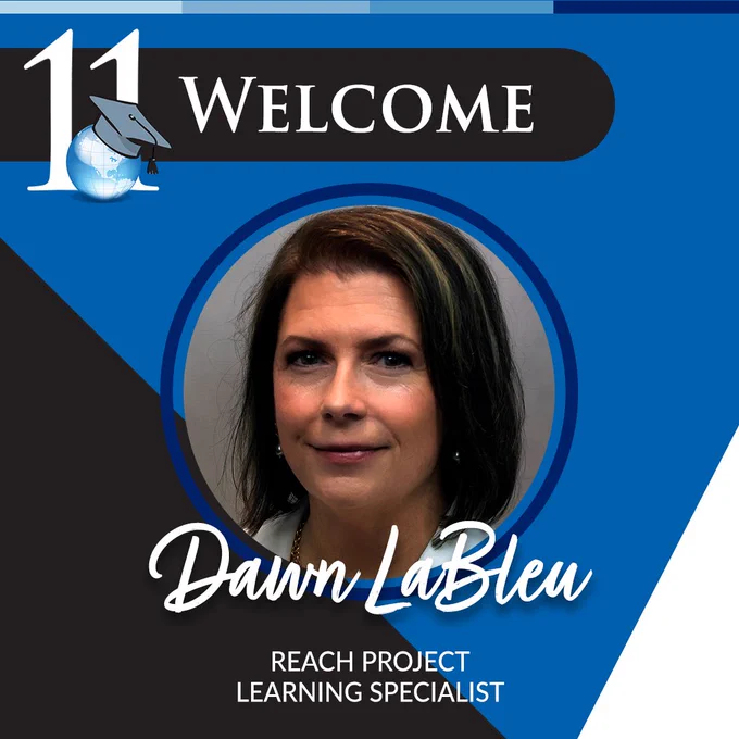 Welcome graphic for Dawn LaBleu. A professional headshot is centered on a blue background with white and black triangles to the sides. 