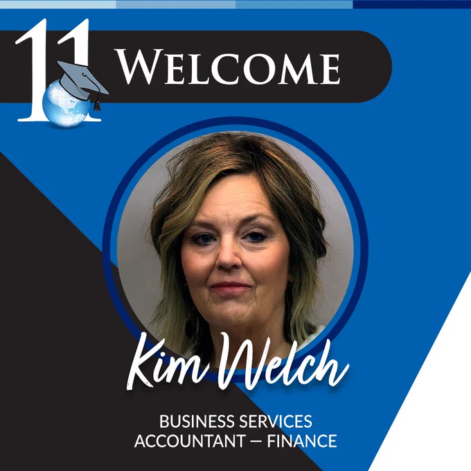 Welcome graphic for Kim Welch. A professional headshot is centered on a blue background with white and black triangles to the sides. 