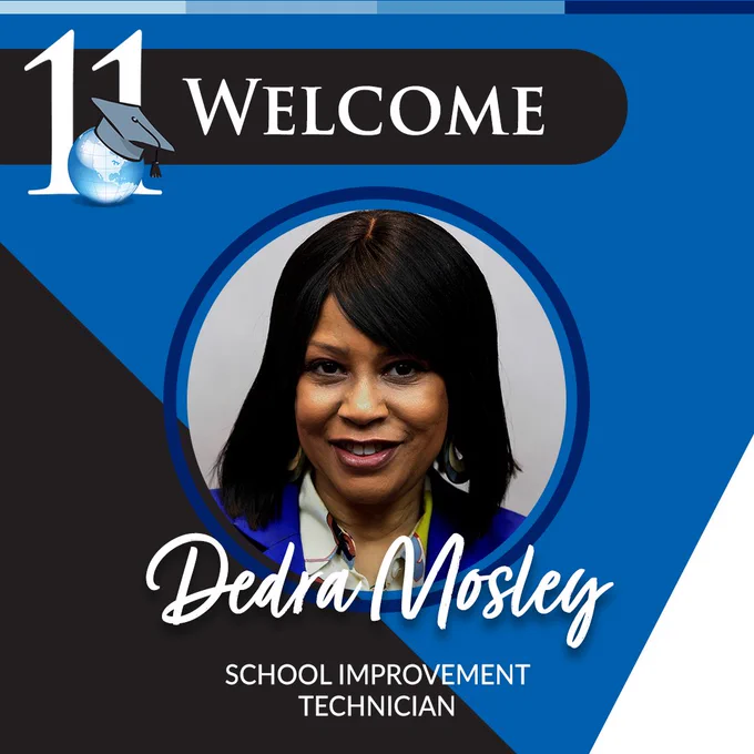 Welcome graphic for Dedra Mosley. A professional headshot is centered on a blue background with white and black triangles to the sides. 