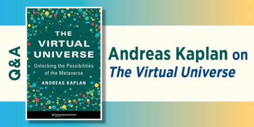 Book cover of The Virtual Universe: Unlocking the Possibilities of the Metaverse by Andreas Kaplan, featuring a dark teal background with colorful abstract dots. To the right, text reads “Andreas Kaplan on The Virtual Universe,” alongside a Q&A label on a gradient background.