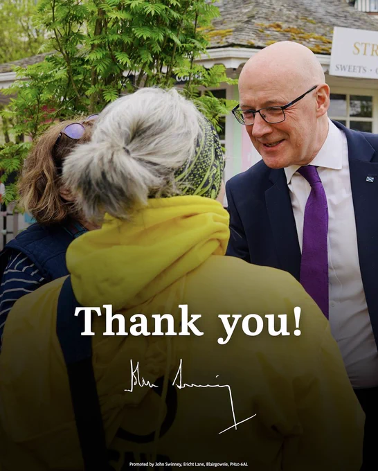 Graphic with a picture of John Swinney shaking the hand of a woman in a yellow jacket, with the text 'Thank you!' and the John Swinney signature.