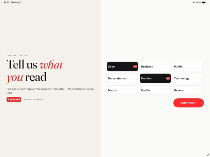 A UI onboarding screen prompts users to select reading topics, highlighting options like Sport, Fashion, and Entertainment.