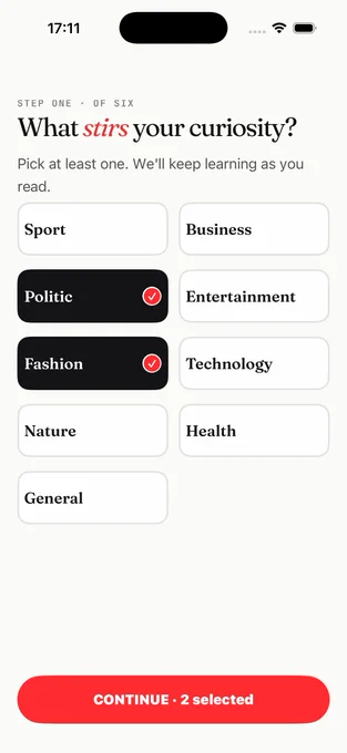 Onboarding screen prompts users to select interest categories, highlighting "Politics" and "Fashion" as chosen options.