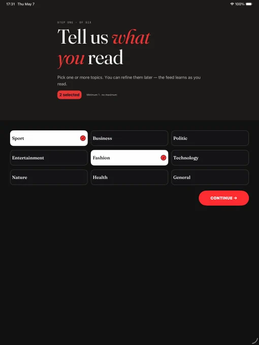 Onboarding screen for a news app, prompting user to select reading topics with a focus on a clean, minimalist design.