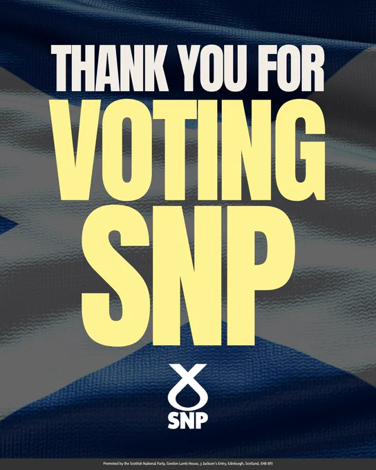 Thank you message from SNP over a Scottish flag background expressing gratitude for voting support.