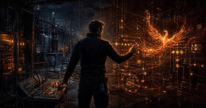 A futuristic industrial environment where a technician stands inside a dark OT facility surrounded by electrical equipment, control systems, and glowing instrumentation. In front of the operator is a large holographic-style network visualization composed of orange data lines, diagrams, and connected nodes forming the shape of a phoenix. The technician reaches toward the glowing display as if interacting with a live OT monitoring or analytics system.
