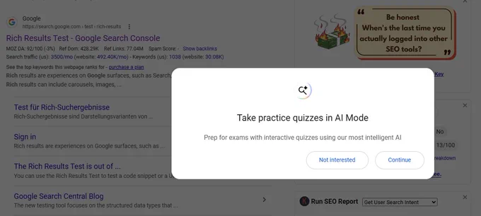 Google serps with modal promoting AI mode