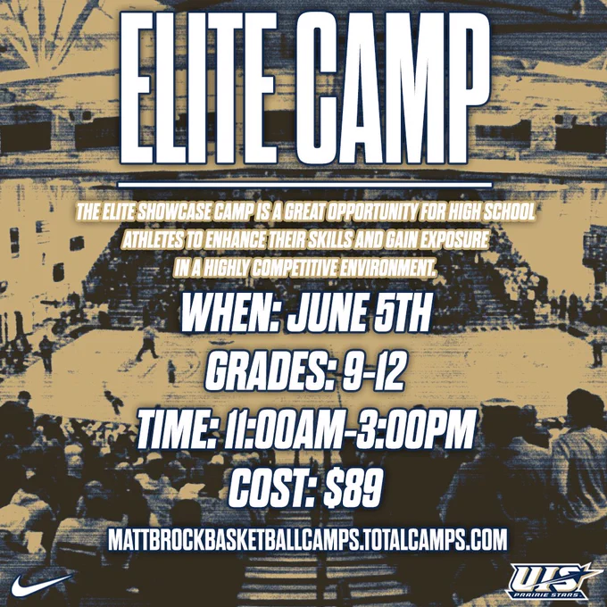 Promotional graphic for a basketball Elite Camp at UIS Prairie Stars. The design features a stylized basketball arena background in navy and gold tones with large white “ELITE CAMP” text at the top. Information listed includes: “The Elite Showcase Camp is a great opportunity for high school athletes to enhance their skills and gain exposure in a highly competitive environment.” Camp details include June 5th, grades 9–12, time from 11:00 AM to 3:00 PM, and cost of $89. Registration website shown is mattbrockbasketballcamps.totalcamps.com. Nike logo appears in the bottom left corner and UIS Prairie Stars logo appears in the bottom right corner.