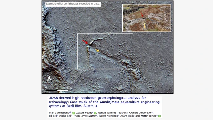 Image from the article “LiDAR-derived high-resolution geomorphological analysis for archaeology: Case study of the Gunditjmara aquaculture engineering systems at Budj Bim, Australia.” The image shows a LiDAR-derived terrain model highlighting large stone fish traps within the Budj Bim Cultural Landscape, with inset photographs and arrows indicating archaeological features identified through high-resolution geomorphological analysis.
