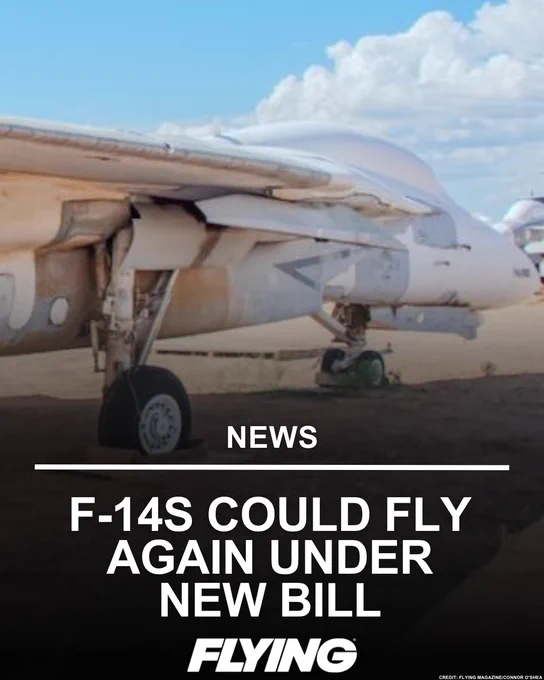 The image shows an F-14 aircraft with a text overlay announcing a potential new bill that could see F-14s flying again. The mood is informative and anticipatory.